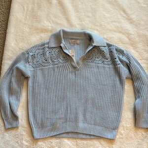 LOFT Sky Blue V-Neck Sweater with Lace Detail